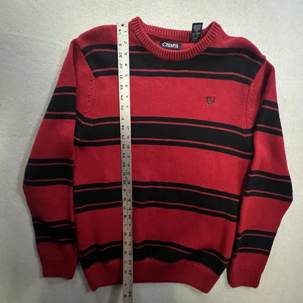 Chaps Sweater Men's Medium Red Black Striped Cotton Knit Pullover Heavyweight
